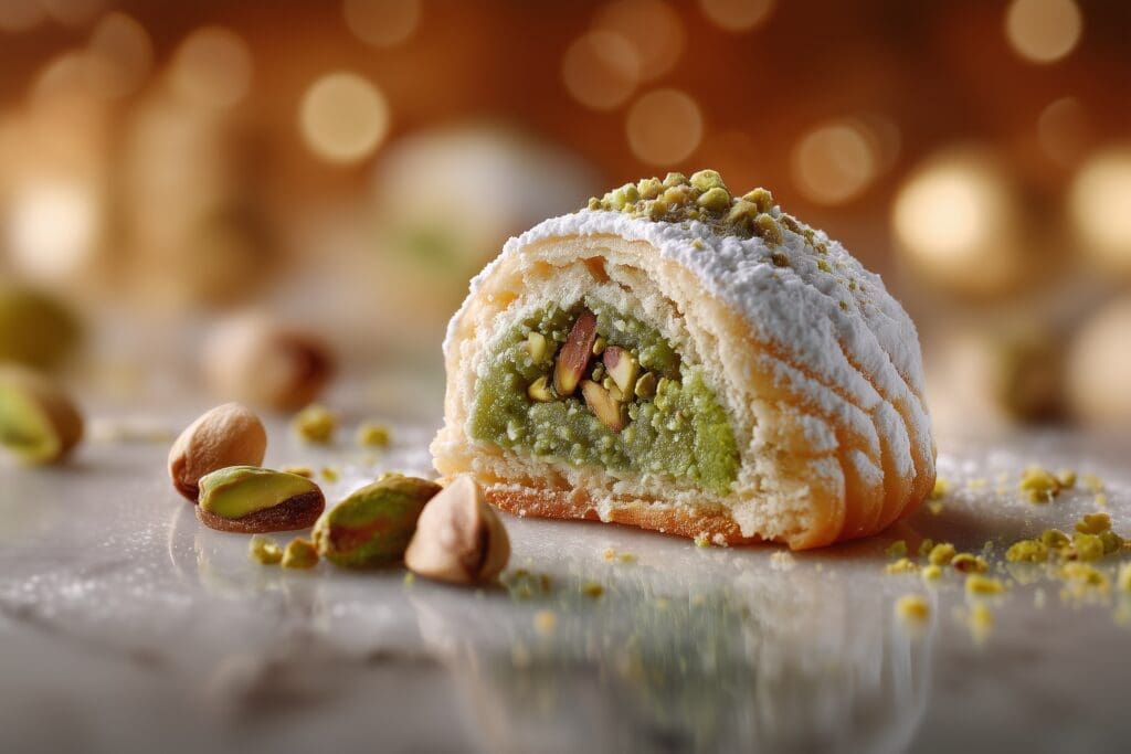 Macro of a pistachio-filled ma’amoul resting on a polished white marble slab