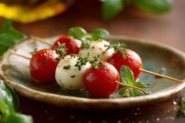 Macro close-up of glossy cherry tomatoes skewered with smooth, milky-white bocconcini balls