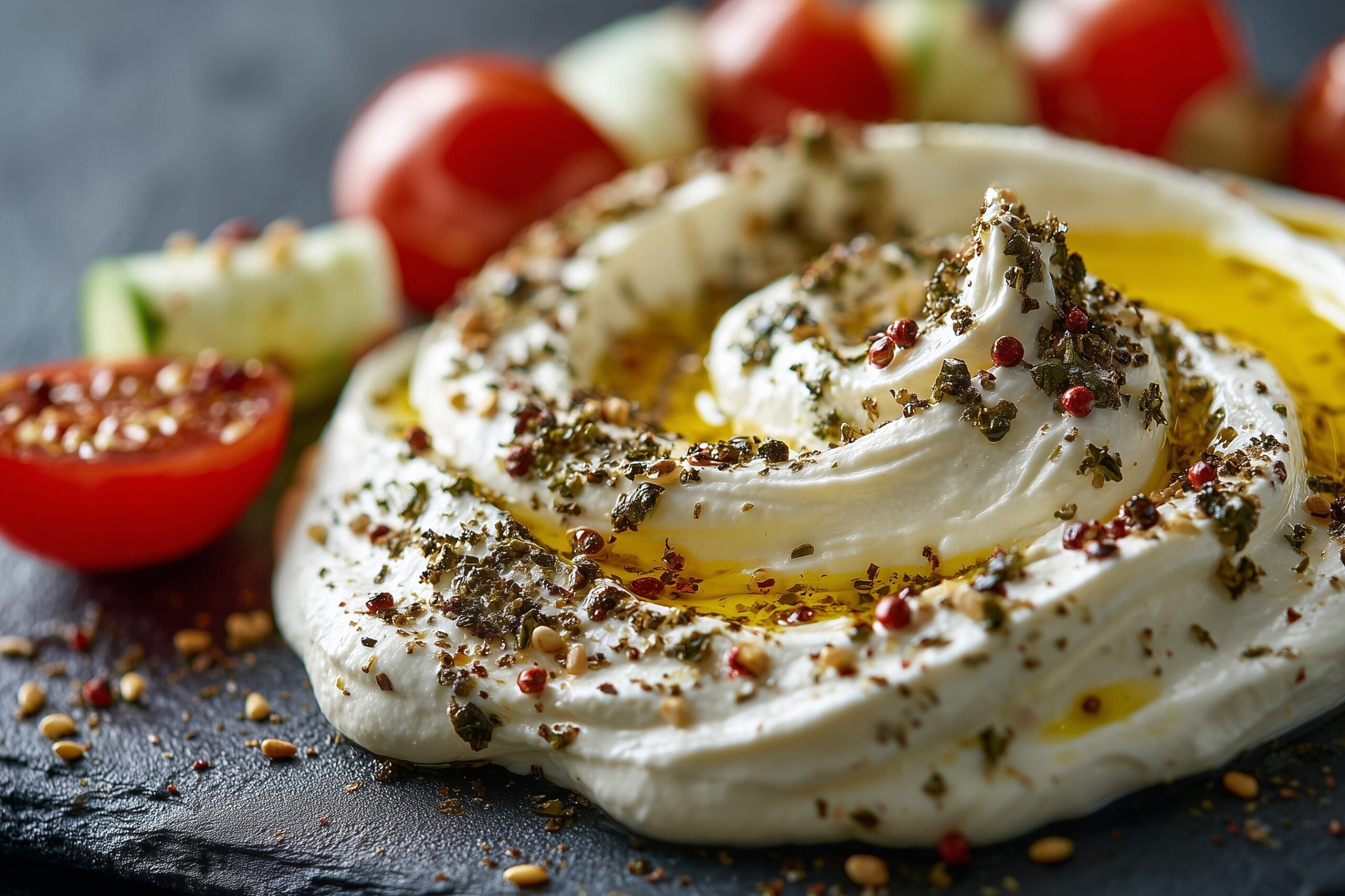 Close-up macro of thick, velvety labneh spread in elegant swirls across a black slate serving board