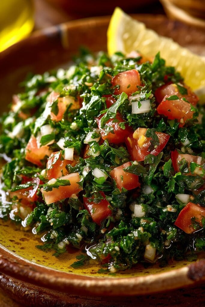 Extreme macro of vibrant tabouli salad in a shallow, hand-glazed ceramic bowl