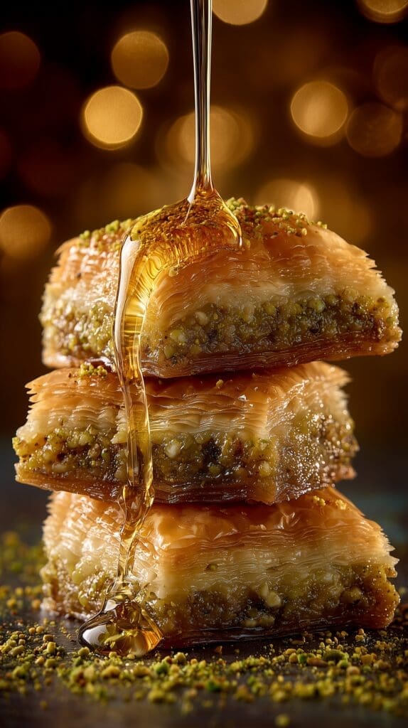 Macro of three golden-brown baklava squares